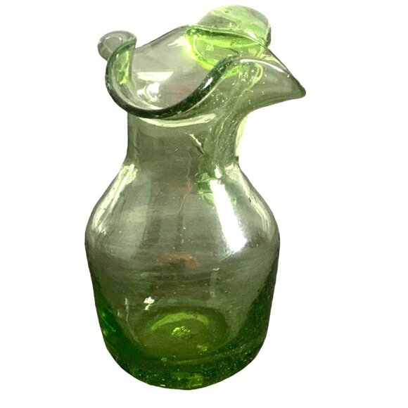 Vintage Small 5" Hand Blown Fancy Green Art Glass Pitcher-Bubble Detail-GUC - Picture 2 of 7
